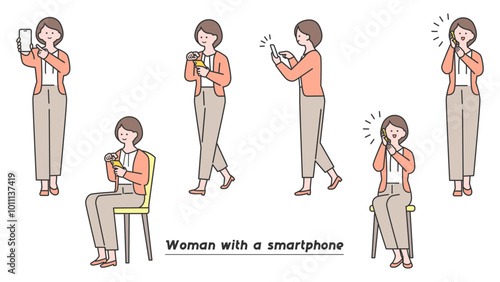 スマートフォンを操作する女性　ポーズバリエーション