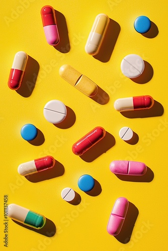 Variety of medical pills and tablets arranged in geometrical order over yellow background. Generative Ai