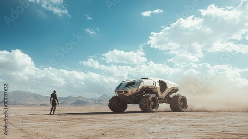 A futuristic vehicle navigates a rugged terrain under a blue sky, showcasing innovation and exploration in a vast landscape. photo