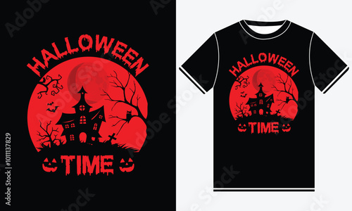 Halloween time horror vintage t-shirt design, scary print template vector graphics, high-quality typography illustration shirt design photo