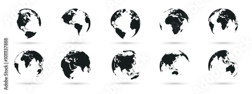 Set of transparent globes of Earth. Global map. Map symbol. Realistic world map in globe shape with transparent texture and shadow