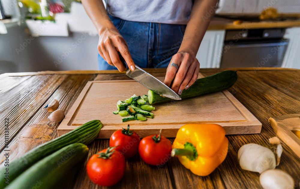 Housewife cutting healthy vegan-style vegetables on a cutting board in the kitchen Housewife cutting healthy vegan-style vegetables on a cutting board in the kitchen