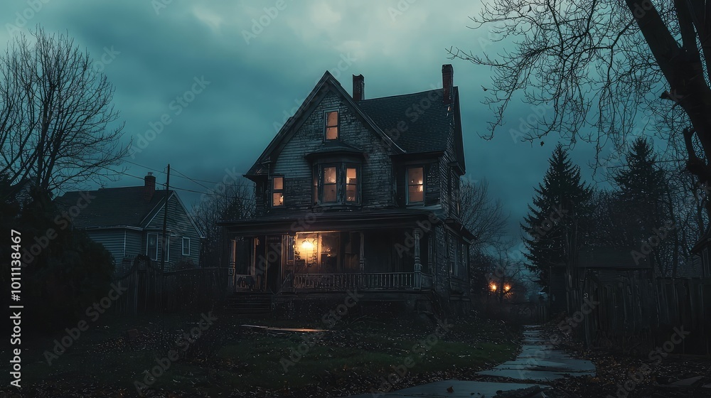 A haunted, eerie house illuminated by dim lights under a cloudy sky, creating an atmosphere of mystery and suspense. A haunted, eerie house illuminated by dim lights under a cloudy sky, creating an atmosphere of mystery and suspense.