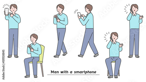 スマートフォンを操作する男性　ポーズバリエーション