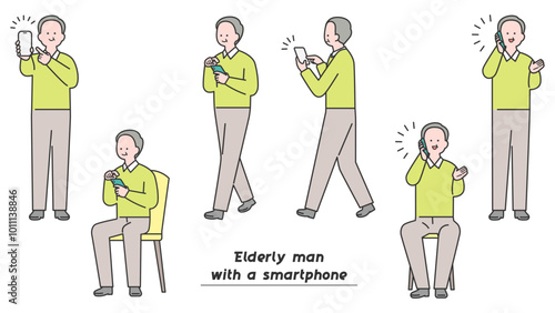 スマートフォンを操作する年配男性　ポーズバリエーション