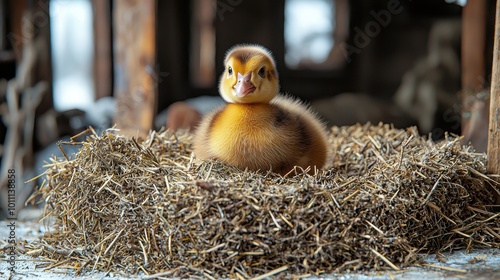 A newly hatched duckling resting comfortably in a cozy nest made of straw indoors on a farm photo