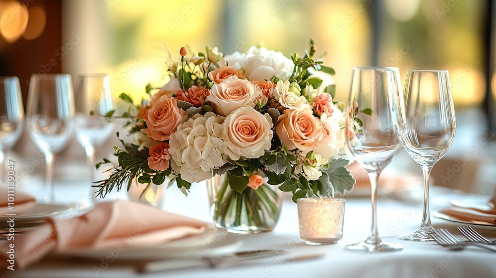 elegant table setup with pastel table runner wine glasses ,floral centerpiece perfect for sophisticated event elegant table setup with pastel table runner wine glasses ,floral centerpiece perfect for sophisticated event