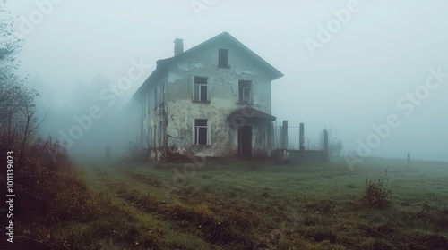 A haunting, abandoned house shrouded in fog, surrounded by overgrown grass, evoking a sense of mystery and forgotten stories.