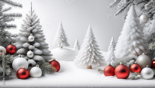 red christmas ball on branch,christmas and new year holidays concept. Red balls on fir branches, winter snowy backdrop. festive winter season background.