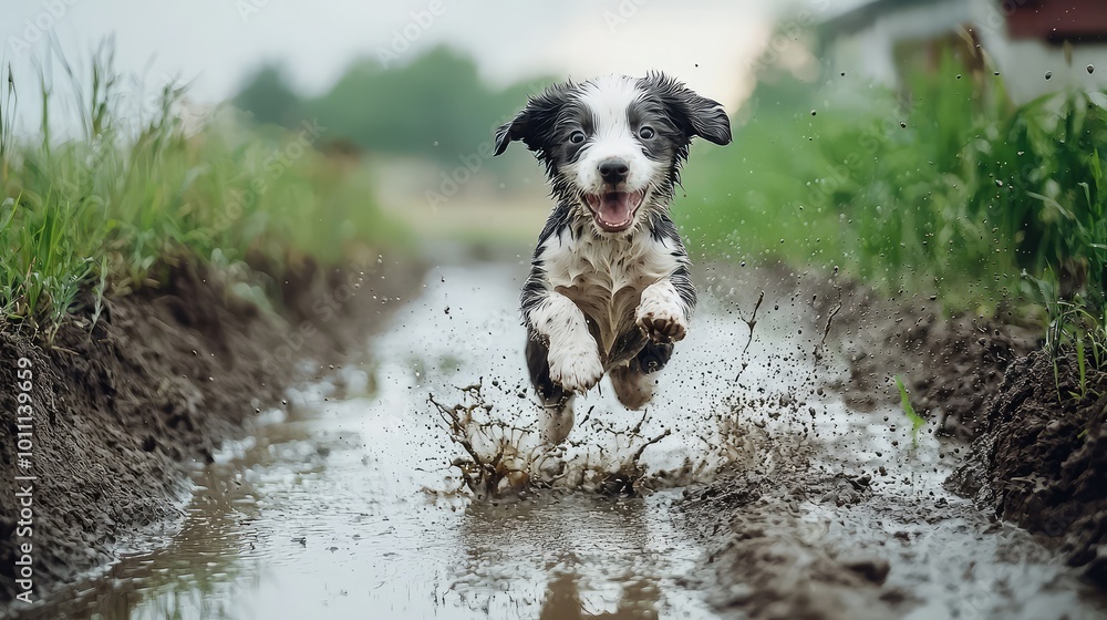 A joyful dog leaps through a muddy puddle, showcasing its playful spirit in a lush green landscape. A joyful dog leaps through a muddy puddle, showcasing its playful spirit in a lush green landscape.