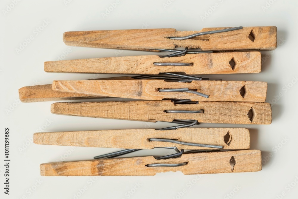 Collection of wooden clothespins stacked on a light background Collection of wooden clothespins stacked on a light background
