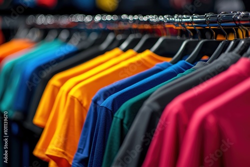 Wallpaper Mural Colorful t-shirts on hangers in the store. Generative Ai Torontodigital.ca