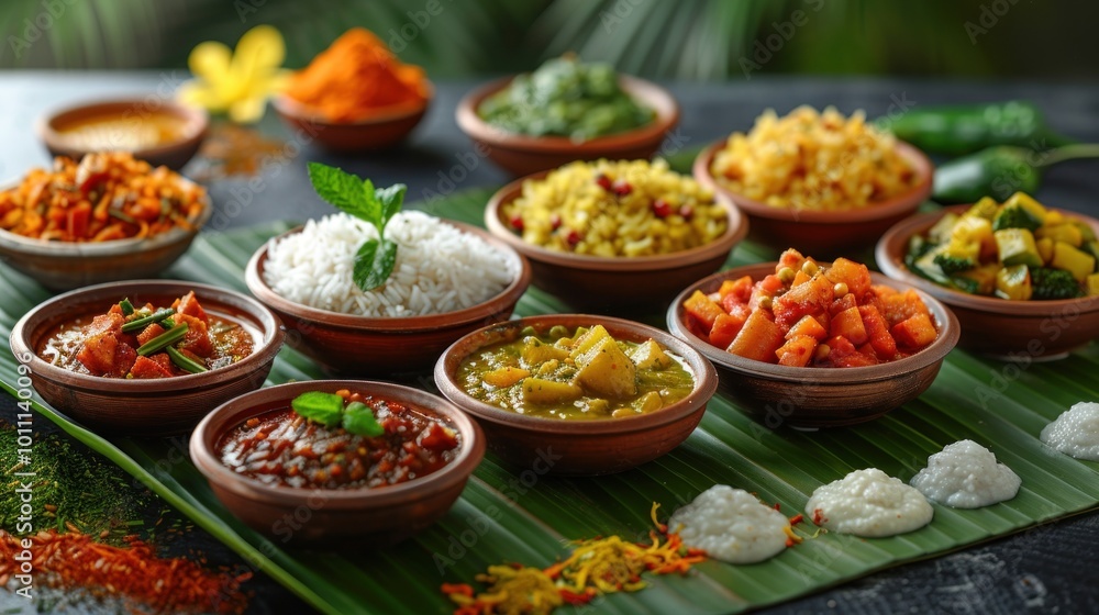 A group of people enjoying a festive Onam Sadhya (feast) served on a banana leaf, featuring a variety of traditional dishes A group of people enjoying a festive Onam Sadhya (feast) served on a banana leaf, featuring a variety of traditional dishes