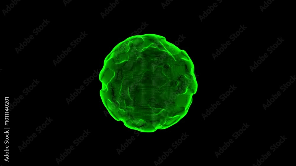 Sphere in the form of a virus. Light green jelly sphere. Green glowing background. A sphere made up of many small particles. Sphere in the form of a virus. Light green jelly sphere. Green glowing background. A sphere made up of many small particles.