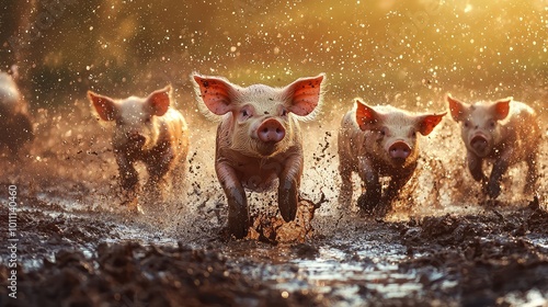 A lively group of pigs joyfully running through a muddy field, splashing water, illuminated by warm sunlight.