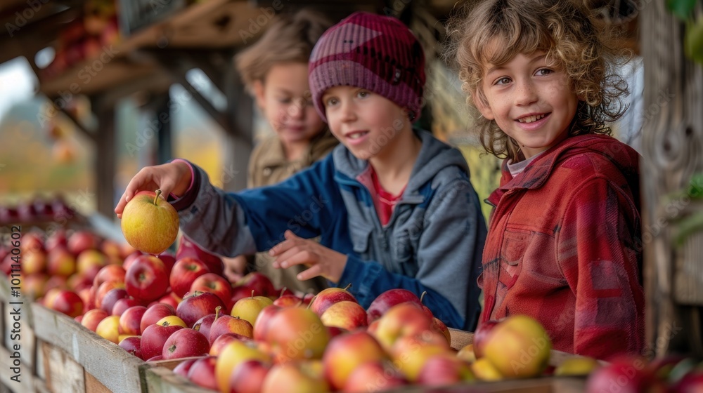 Fototapeta premium A family choosing fresh apples from a farm stand, children reaching for the best ones, joyful and lively scene