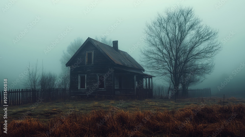 A lonely house stands silent in the fog, surrounded by eerie trees, creating a hauntingly beautiful atmospheric scene. A lonely house stands silent in the fog, surrounded by eerie trees, creating a hauntingly beautiful atmospheric scene.