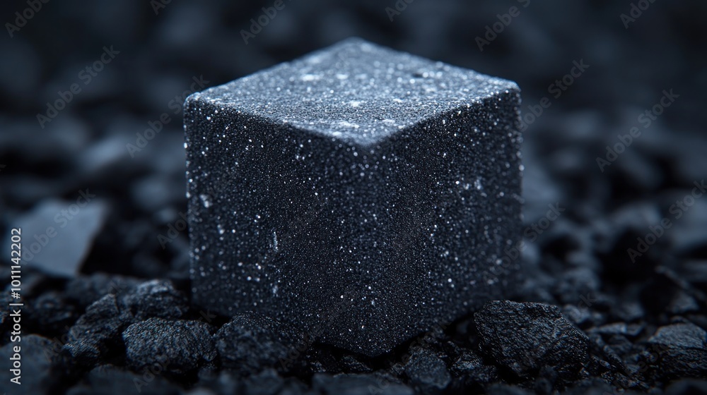 A cubic black mineral resting on a dark surface. A cubic black mineral resting on a dark surface.