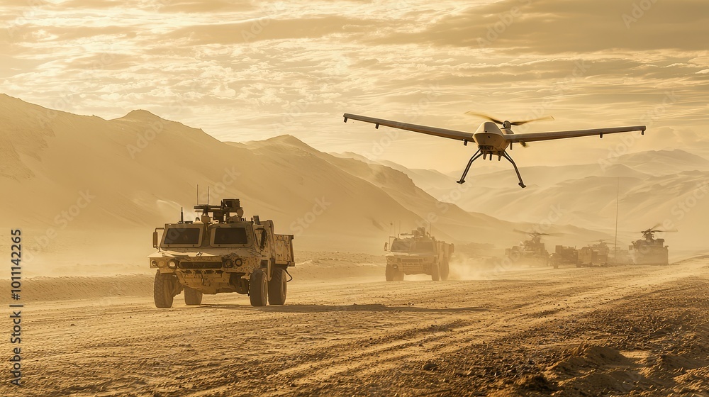 Fototapeta premium A military convoy maneuvers through a rugged landscape as a drone flies overhead during a dusty sunset.