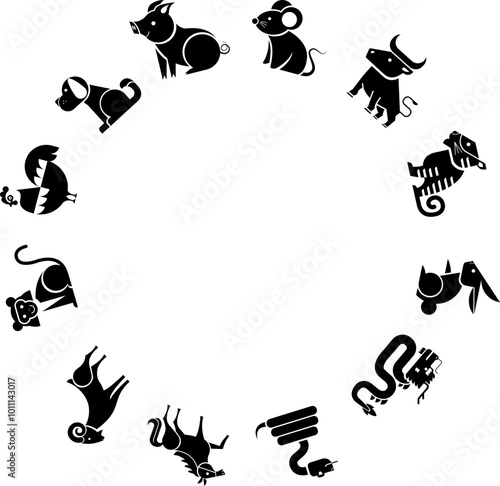Chinese zodiac animals. Twelve asian new year golden characters