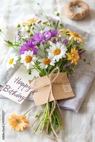 A bouquet of wildflowers in shades of purple, yellow, and white, tied with twine, on a linen napkin next to a small kraft note with "Happy Birthday."