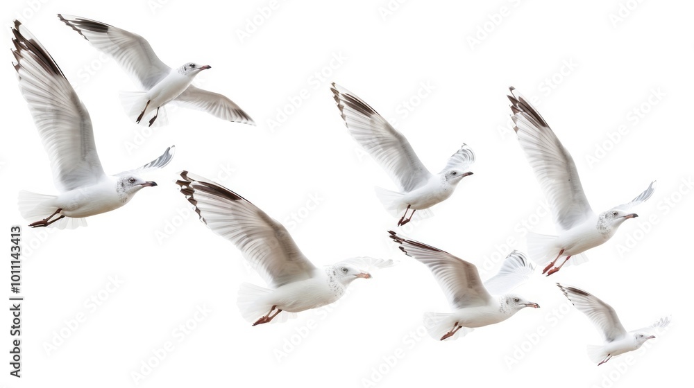 Obraz premium Birds Flying White Background. Flock of Seagulls Soaring in Freedom