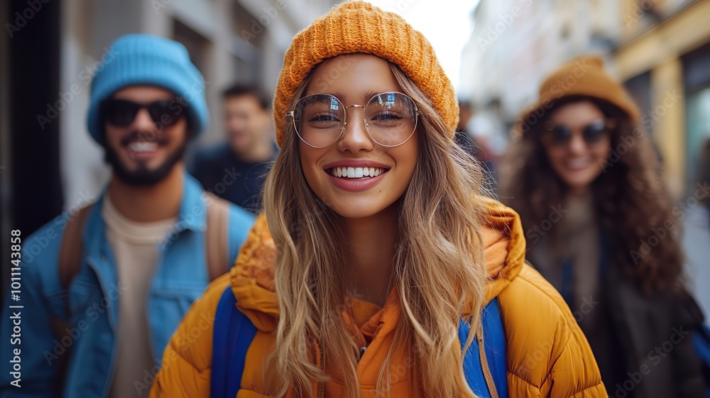 front view of group of happy young people outdoors on trip in town walking arm in arm front view of group of happy young people outdoors on trip in town walking arm in arm