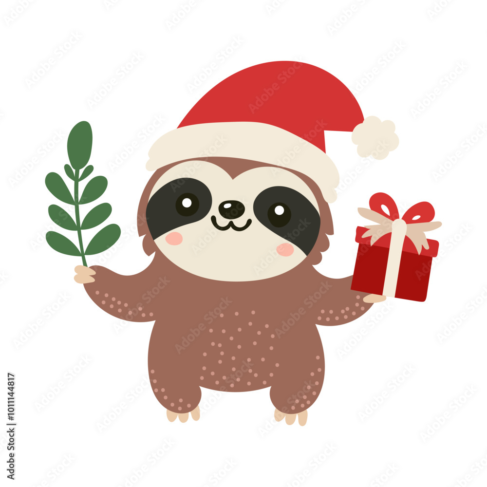Sloth in Santa hat holding Christmas gift and holiday greenery. Cute vector illustration for Christmas cards, invitations and seasonal decor in flat cartoon style. Isolated on white background. Sloth in Santa hat holding Christmas gift and holiday greenery. Cute vector illustration for Christmas cards, invitations and seasonal decor in flat cartoon style. Isolated on white background.