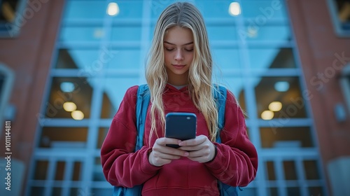 girl standing in front of school building scrolling on smartphone using social media online bullying or cyberbullying for young schoolgirl photo