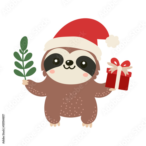 Sloth in Santa hat holding Christmas gift and holiday greenery. Cute vector illustration for Christmas cards, invitations and seasonal decor in flat cartoon style. Isolated on white background.