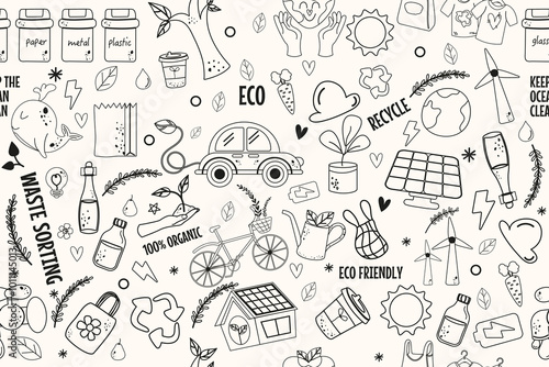 Seamless pattern doodle outline cute eco friendly