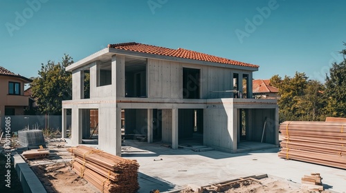 Modern concrete house under construction on sunny day photo