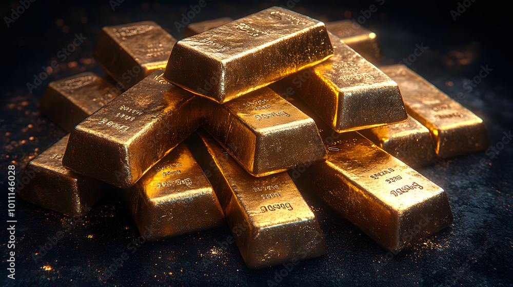 A stunning close-up image of a pile of gleaming gold bars meticulously arranged on a sleek black background, exuding a sense of luxury and wealth. The lustrous surface of the gold reflects light beaut A stunning close-up image of a pile of gleaming gold bars meticulously arranged on a sleek black background, exuding a sense of luxury and wealth. The lustrous surface of the gold reflects light beaut