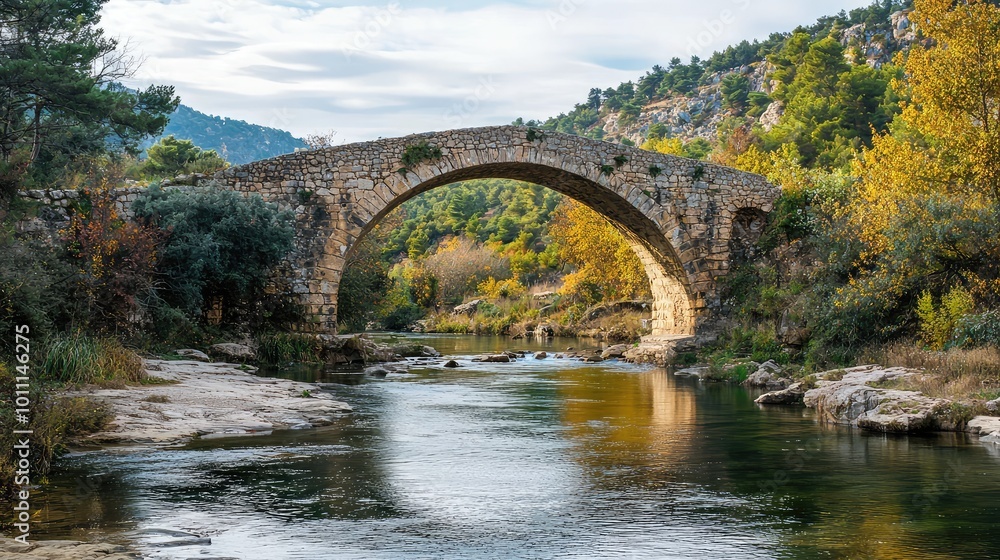 A picturesque stone bridge arches over a tranquil river, surrounded by lush greenery and vibrant autumn foliage. A picturesque stone bridge arches over a tranquil river, surrounded by lush greenery and vibrant autumn foliage.