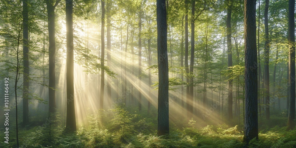 Sunbeams through a misty forest. Sunbeams through a misty forest.