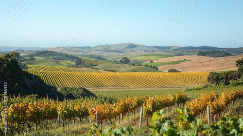 A picturesque vineyard landscape showcasing lush grapevines under a clear sky, ideal for wine lovers and nature enthusiasts.