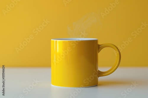 Bright yellow mug with steam on a white table against a yellow background photo