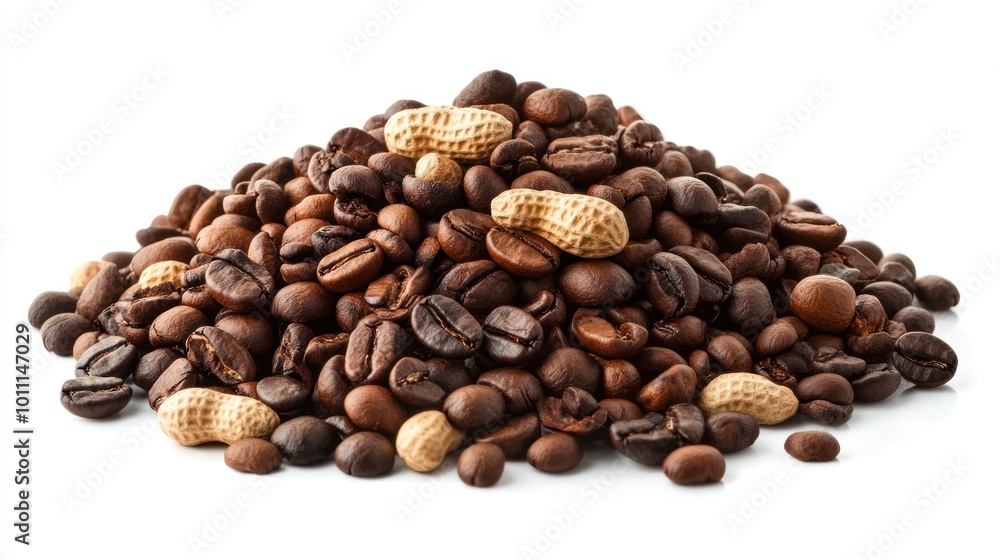 A pile of coffee beans mixed with peanuts, showcasing a blend of flavors.