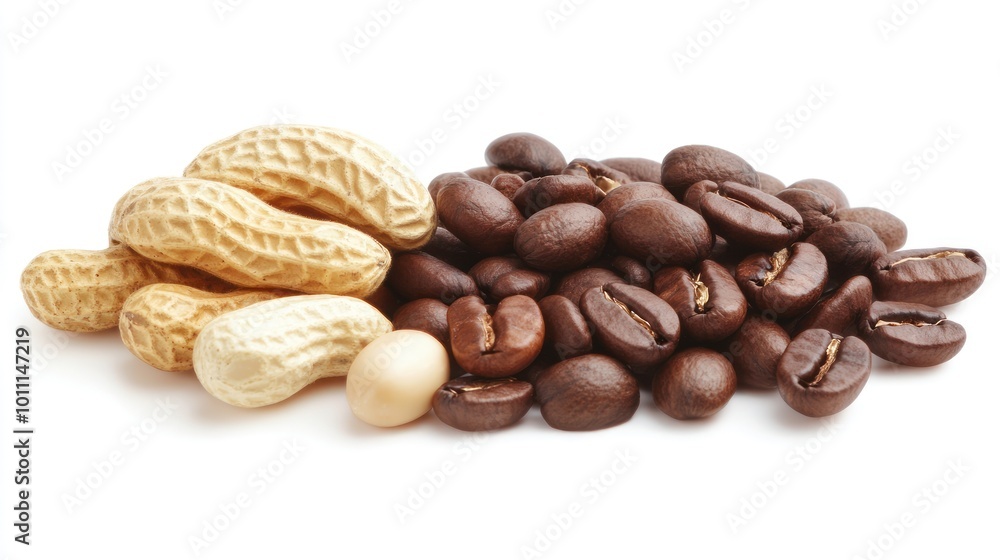 Naklejka premium A collection of raw peanuts and roasted coffee beans arranged together.