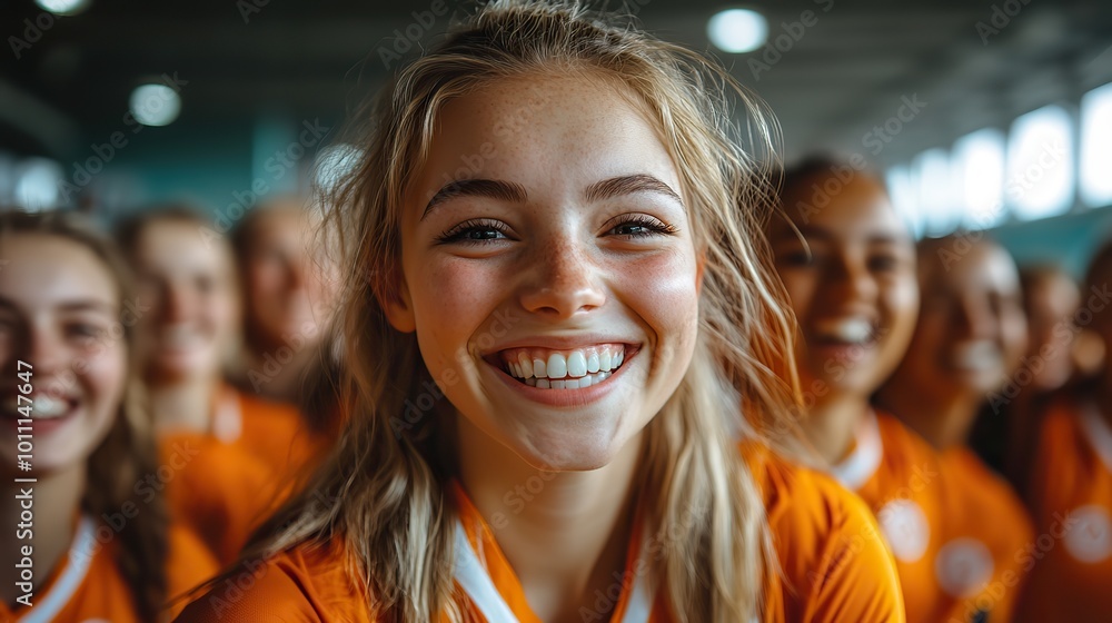 group of young ,old cheerful women floorball team players in gym cebrating victory group of young ,old cheerful women floorball team players in gym cebrating victory