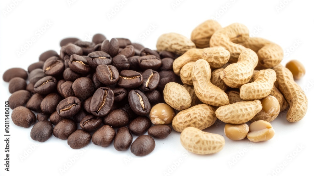 Naklejka premium A close-up of roasted coffee beans and raw peanuts, highlighting their textures and colors.