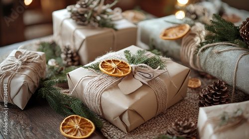 A cozy and festive holiday scene focused on eco-friendly gift wrapping