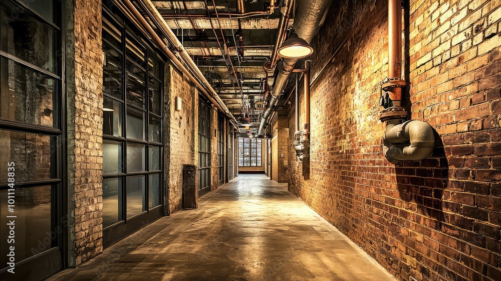 A rustic industrial hallway features exposed brick walls and metal piping, creating an urban aesthetic for modern spaces.