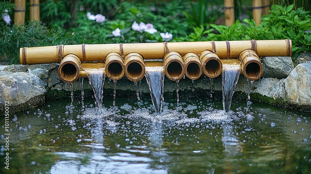 A serene bamboo fountain flowing water into a tranquil pond surrounded by lush greenery and blooming flowers, perfect for relaxation. A serene bamboo fountain flowing water into a tranquil pond surrounded by lush greenery and blooming flowers, perfect for relaxation.