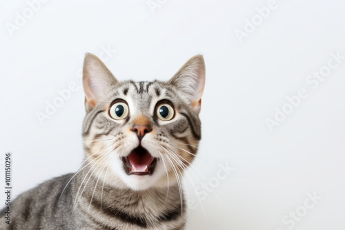 The  cat reacting with surprise, wide eyes and open mouth