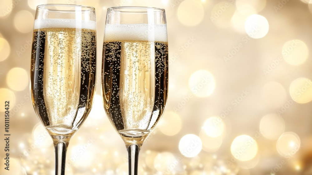Two champagne flutes with golden bokeh. Festive background, New Year celebration concept Two champagne flutes with golden bokeh. Festive background, New Year celebration concept