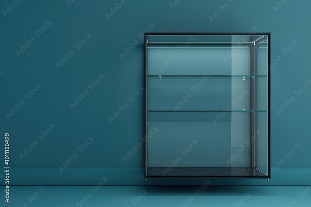 Modern glass display cabinet with clear shelves against a teal wall in a minimalistic interior Modern glass display cabinet with clear shelves against a teal wall in a minimalistic interior