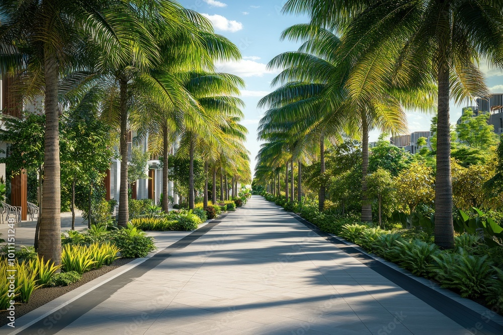 Fototapeta premium Serene Palm-Lined Walkway in Modern Architectural Setting
