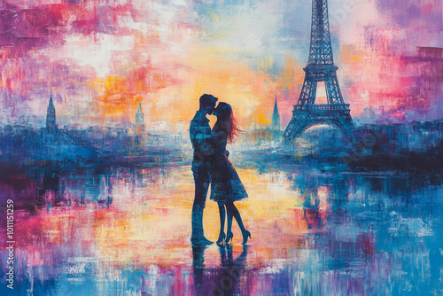loving couple kissing on Eiffel Tower background, Paris, France