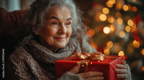 health visitor ,senior woman in wheelchair with present at home at christmas